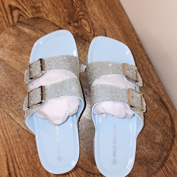 NWB Blue and Rhinestone Double Strap Slide on Sandals - Picture 3 of 9
